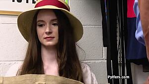 a mall cop catches a big tit bikini thief with a dildo then bends her over for hardcore punishment on the shop floor