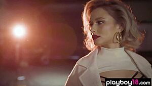 Petite blonde polina bares shaved pussy and natural tits in glamorous strip