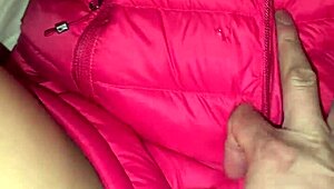 cumshots blasting all over her pink puffy jacket while she moans in ecstasy 😍💦
