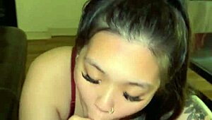 horny asian slut crams hard cock pov blowjob ends cumshot on boobs