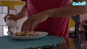 Step mom milf in lingerie stockings teases step son with wet hairy tight pussy dripping panties before work 💦