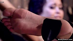 Ebony slave bound tight in device faces whipping pain and gagging deepthroat