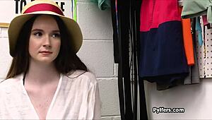 a mall cop catches a big tit bikini thief with a dildo then bends her over for hardcore punishment on the shop floor