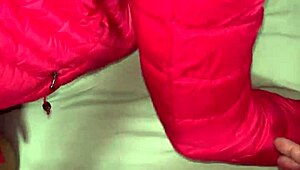 cumshots blasting all over her pink puffy jacket while she moans in ecstasy 😍💦