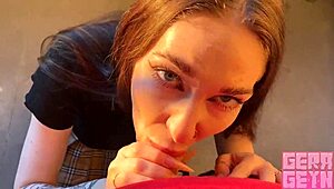 Gerageyn smokes while giving fast dirty blowjob on public balcony with ball licking cumshot