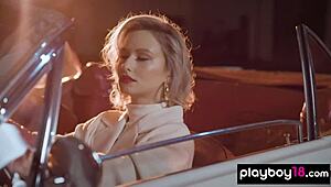 Petite blonde polina bares shaved pussy and natural tits in glamorous strip