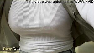 i go braless on public bike ride, my amazing big tits bouncing in tight white shirt for daring thrill!