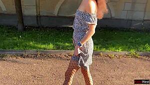 skinny brunette flashes upskirt ass plug pee in public fishnet pantyhose on street