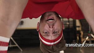 jumping on shemale big tits then jizzing all over her gym ass