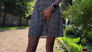 skinny brunette flashes upskirt ass plug pee in public fishnet pantyhose on street