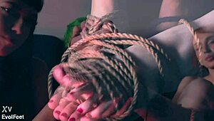 kinky brunettes gag on toes in barefoot bondage tickle games