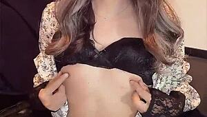 Japanese ladyboy in dress strokes her cock quietly before craving deep anal pounding