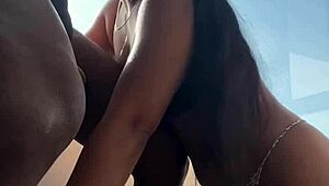 Cute Latina Nysdel deepthroats big black cock first time with boyfriend