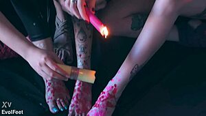 kinky brunettes gag on toes in barefoot bondage tickle games