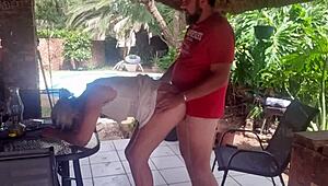 hey bro-in-law bends me over desk fucks pussy doggy outdoor pool cums on ass moaning loud quickie dress up
