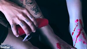 kinky brunettes gag on toes in barefoot bondage tickle games