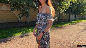 skinny brunette flashes upskirt ass plug pee in public fishnet pantyhose on street