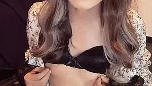 Japanese ladyboy in dress strokes her cock quietly before craving deep anal pounding