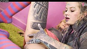 tattooed goth girls strap on fuck with dripping wet pussies