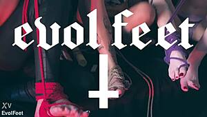 kinky brunettes gag on toes in barefoot bondage tickle games