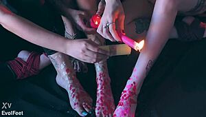 kinky brunettes gag on toes in barefoot bondage tickle games