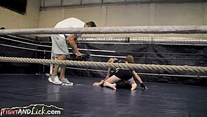 two athletic european lesbian babes tangle in passionate panties wrestling fight