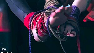 kinky brunettes gag on toes in barefoot bondage tickle games