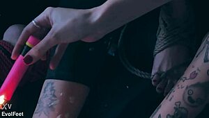 kinky brunettes gag on toes in barefoot bondage tickle games