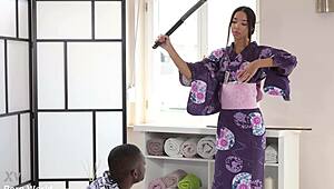 Geisha Lia Lin gulps cum after BBC pounds shaved pussy hard!