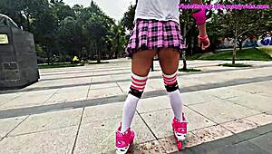 sissy puta in miniskirt skates park then takes thick cock anal pounding