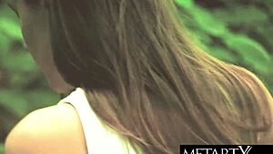 green-eyed beauty caresses perfect breasts outdoors