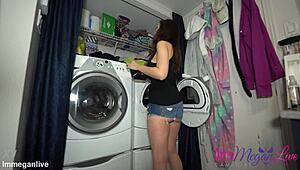 Milf Bends In Short Shorts Pulling Laundry Teasing Voyeur Eyes
