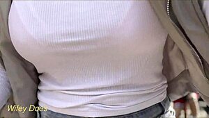i go braless on public bike ride, my amazing big tits bouncing in tight white shirt for daring thrill!
