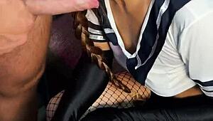 Naughty redhead student in pantyhose heels rides cock cosplay cum covered