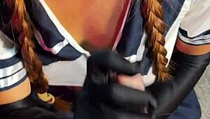 Naughty redhead student in pantyhose heels rides cock cosplay cum covered
