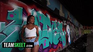 street ebony babe caught graffitiin in tight shorts pussy stretchin moanin private