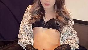 Japanese ladyboy in dress strokes her cock quietly before craving deep anal pounding