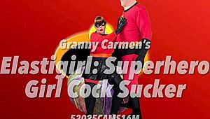 Granny Carmen cosplays Elastigirl sucking mature cock deep