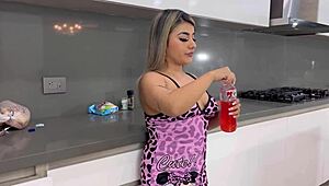 petite colombian blonde naty delgado creams on pressure's bbc in parents' kitchen tight wet pussy stretched