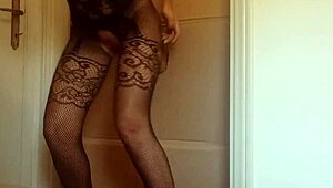 Oh fuck yes, nylon catsuit and heels while sucking gloryhole cock till cum floods mouth!