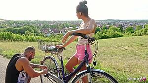 😏 Skinny German Latina teen Christy Ley risks outdoor fuck with stranger, deepthroat gagging on monster cock!