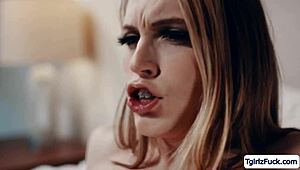 blonde transexual stepmom bareback fucks skinny tgurl stepdaughter ass licking braces uniform