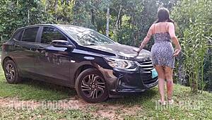 Smoking hot piss fuck in forest babe deepthroat cowgirl doggy cum swallow closeup!