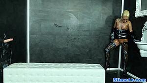 Classy tattooed spex babe gloryhole bukkake facial cum jizz adorable European