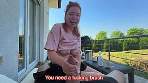 redhead couple risks public outdoor sex ending in deepthroat cum on face