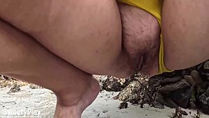 Tears of joy as mature bbw's dripping pussy pees wet sand bare feet bliss
