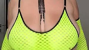 stepmom milf gropes huge saggy natural tits on bed already wet and ready to fuck