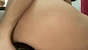 Slut prostitute stuffs eggplant bottle deep in ass till squirting orgasm