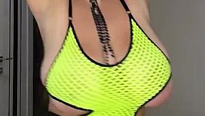 stepmom milf gropes huge saggy natural tits on bed already wet and ready to fuck