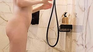 Black hair japanese college girl bathes skinny body in shower
